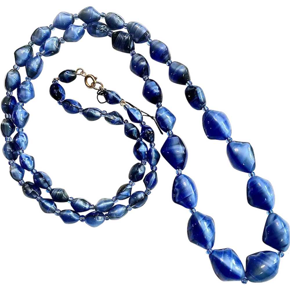 Vintage 32” Graduated Blue Bead Necklace - image 1