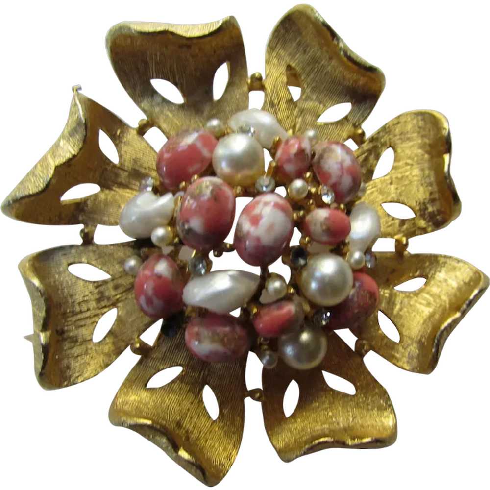 SALE Fanciful BSK Flower Brooch Faux Pearl & Mott… - image 1