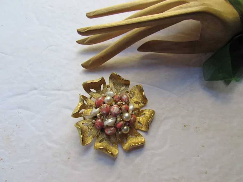 SALE Fanciful BSK Flower Brooch Faux Pearl & Mott… - image 2