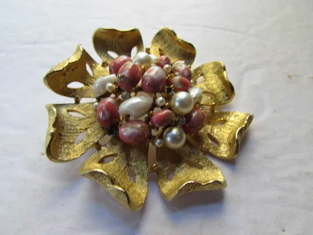 SALE Fanciful BSK Flower Brooch Faux Pearl & Mott… - image 3