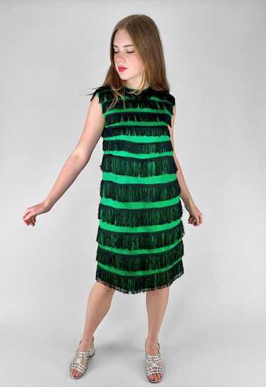 60's Vintage Ladies Green Satin Black Fringed Dres
