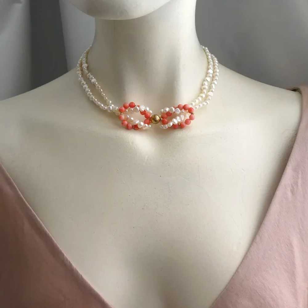 Vintage Coral Pearl Necklace, Pink Angel Skin Med… - image 3