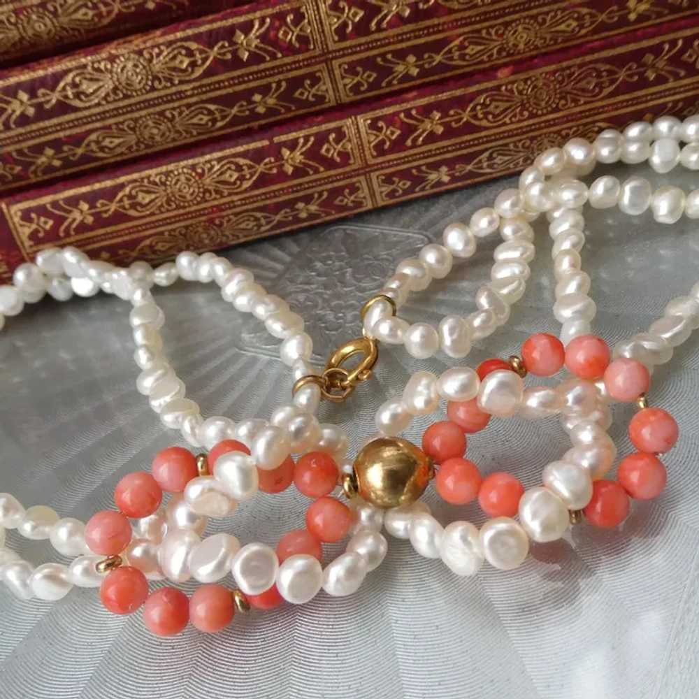 Vintage Coral Pearl Necklace, Pink Angel Skin Med… - image 4