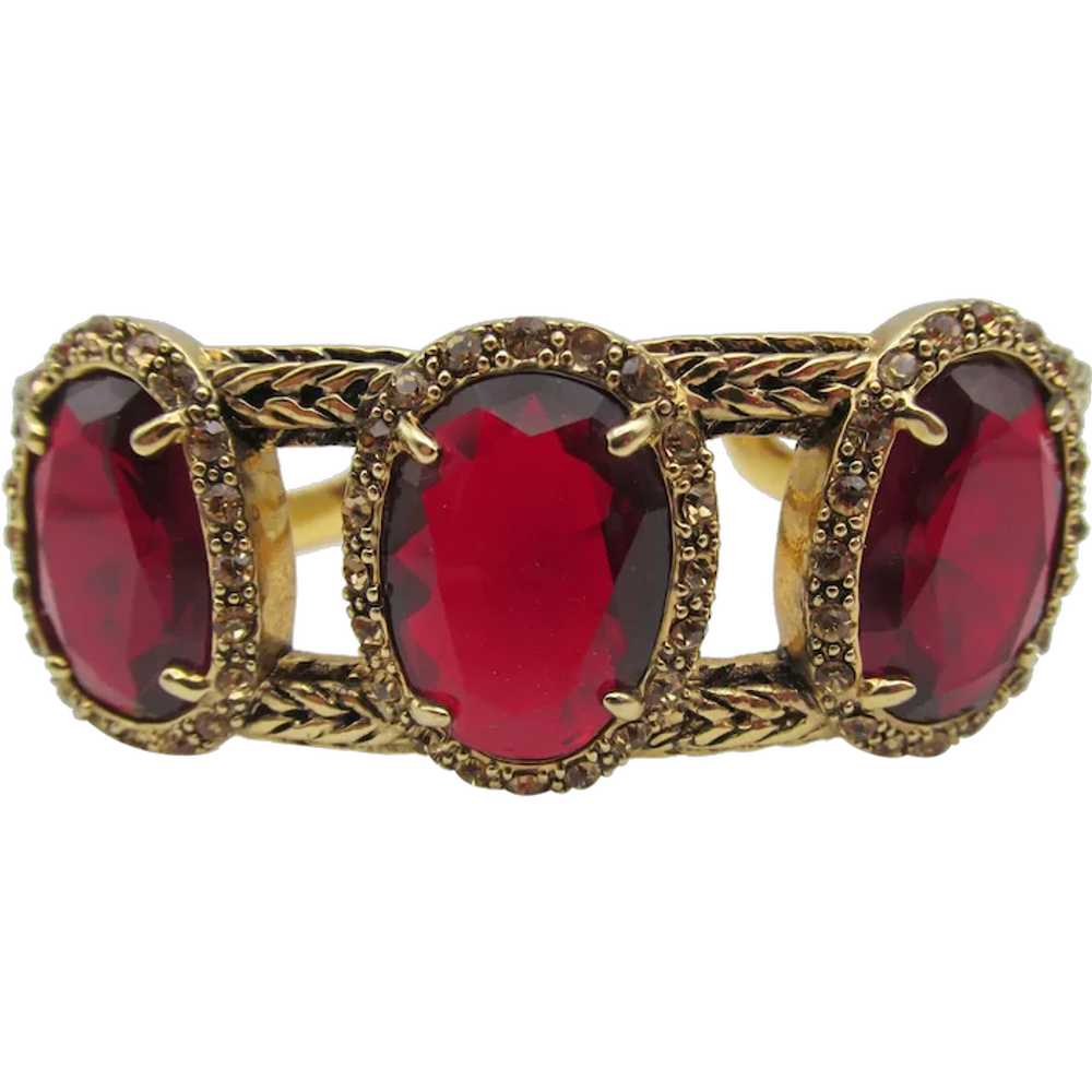 Monet Oval Red Rhinestone Open Clamp Bracelet - image 1