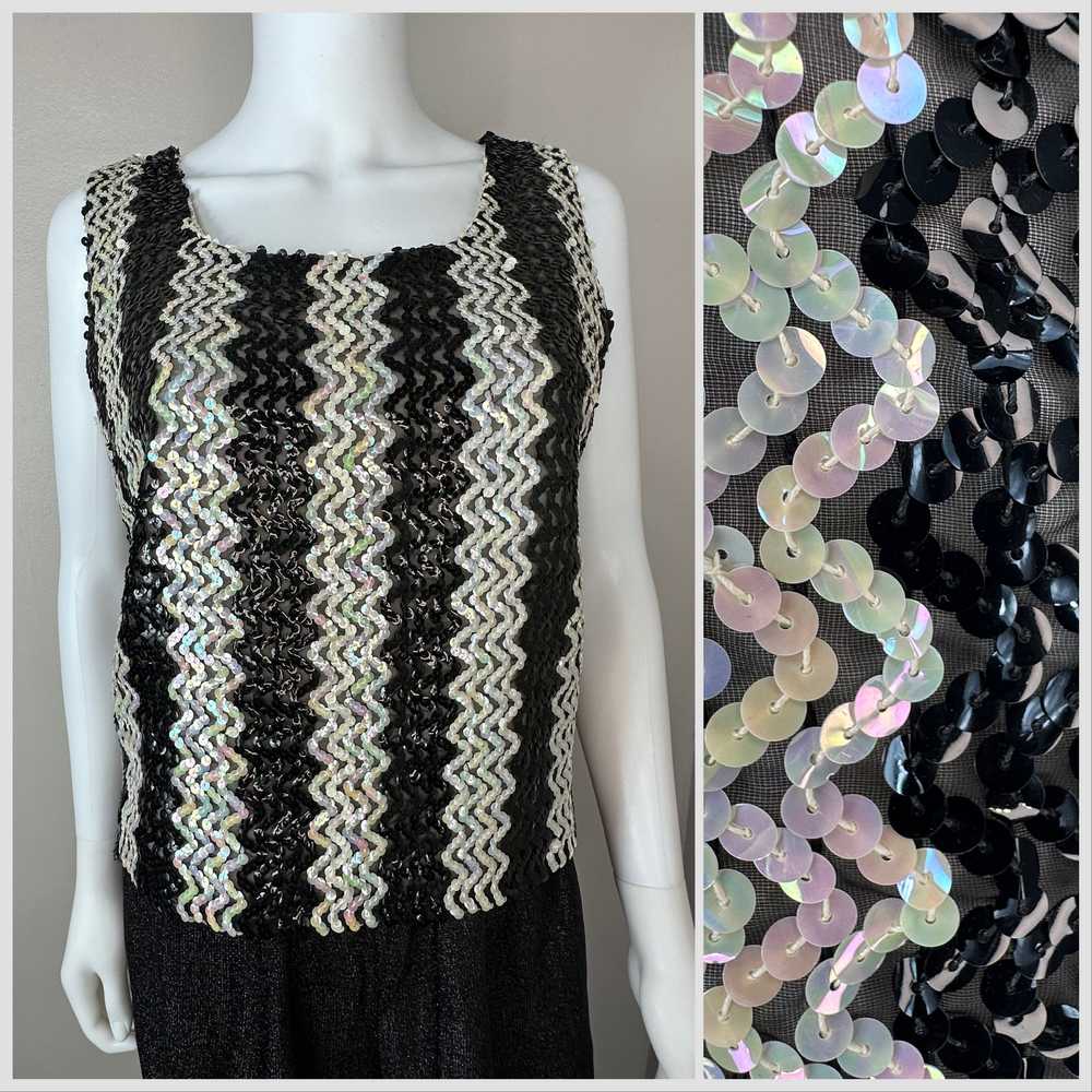 1950s/60s Black and White Stripe Sequin Sleeveles… - image 1