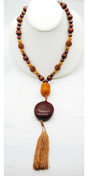 Les Bernard Wood Bead Tassel Boho Necklace