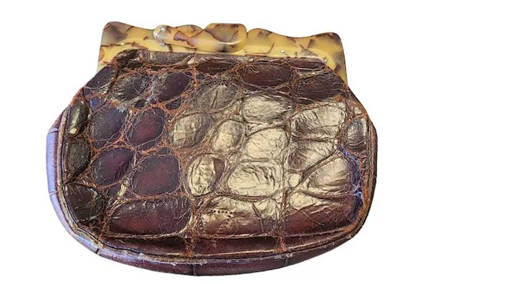 Antique Crocodile & Bakelite Hand Frame Clutch (A… - image 4