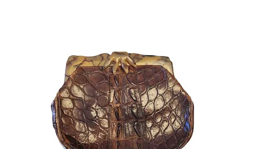 Antique Crocodile & Bakelite Hand Frame Clutch (A… - image 5