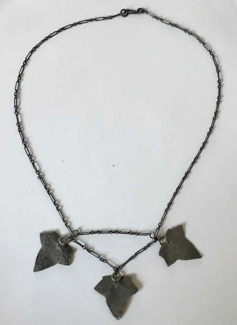 Arts and Crafts Brass Three Leaf Necklace - image 4