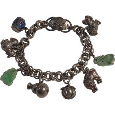 Chinese sterling silver charm bracelet carved jad… - image 1