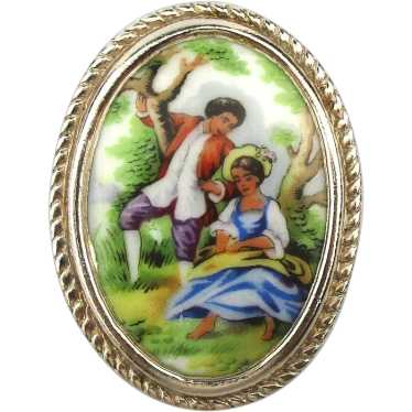 Vintage LIMOGES Romantic Couple on Porcelain Pin … - image 1