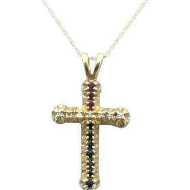 14K Ruby, Sapphire, & Diamond Cross Necklace - image 1