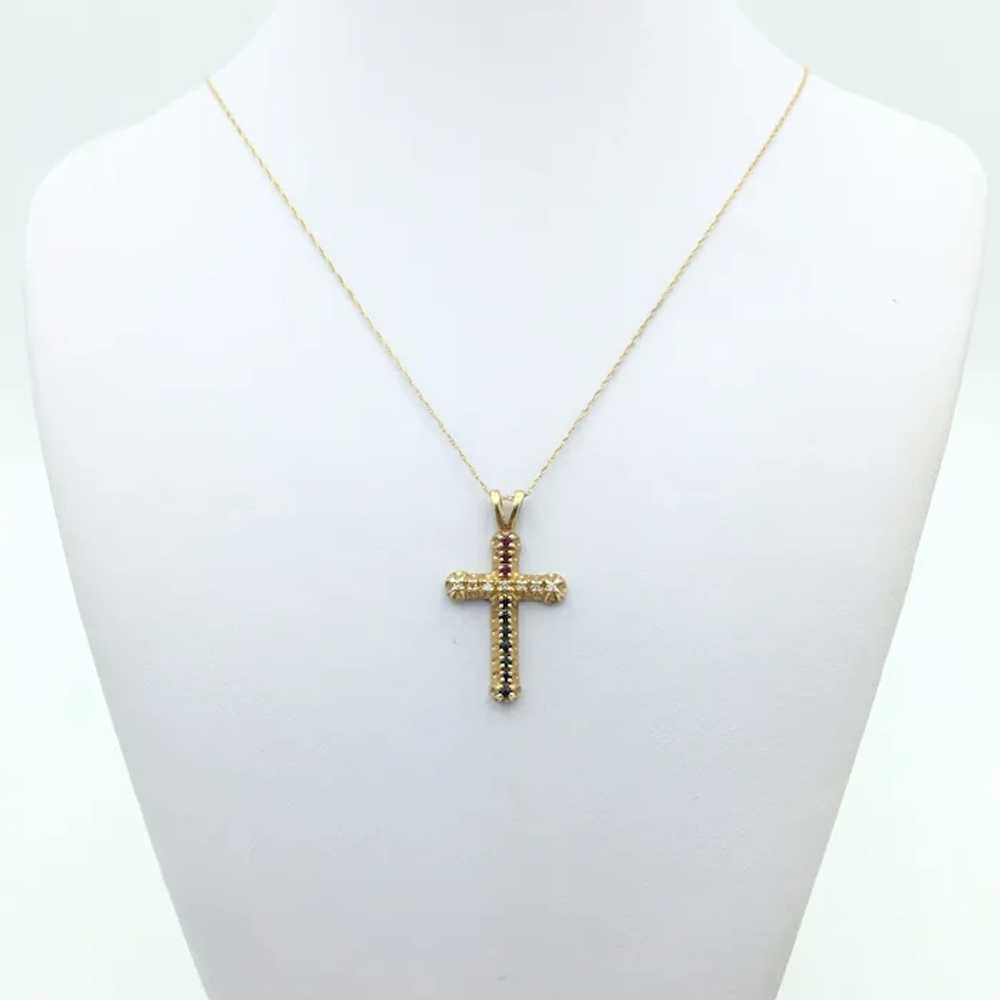 14K Ruby, Sapphire, & Diamond Cross Necklace - image 2