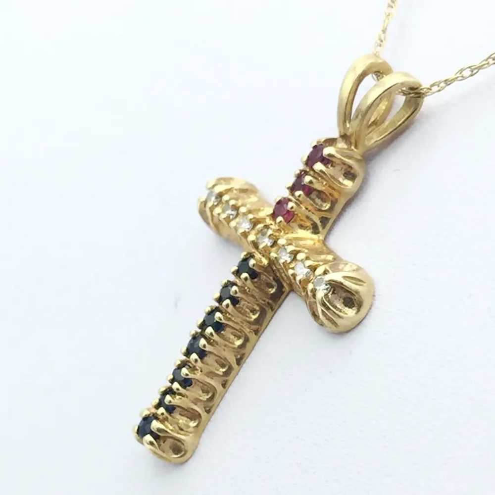 14K Ruby, Sapphire, & Diamond Cross Necklace - image 3