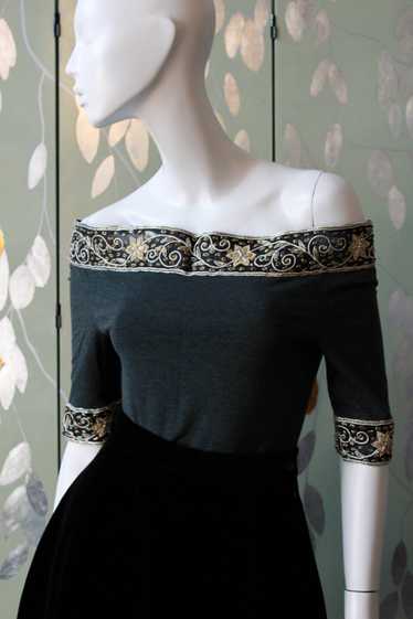 1980s Romeo Gigli Embroidered Off the Shoulder To… - image 1
