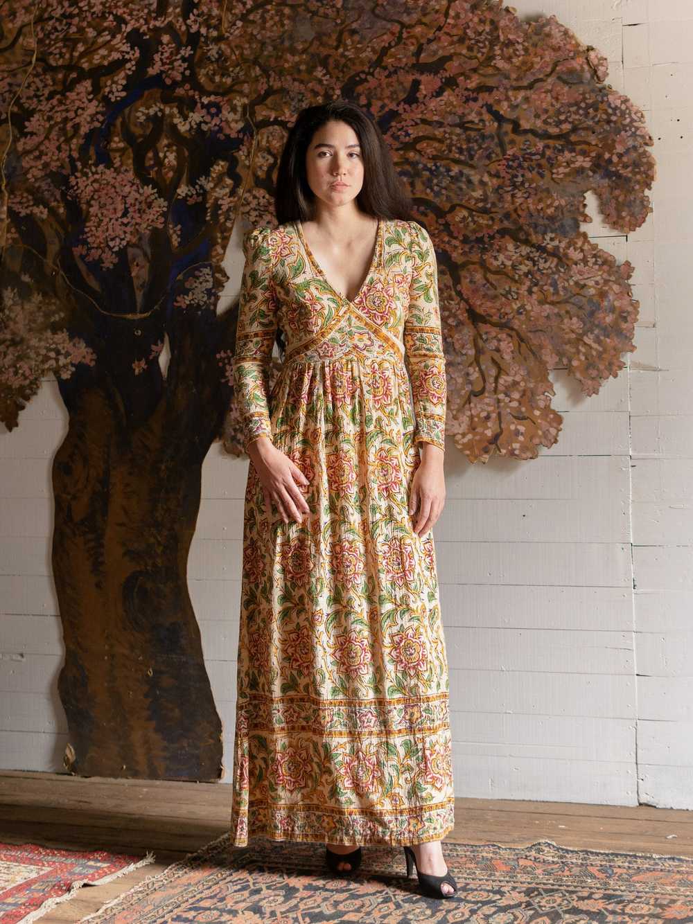 1970s Indian Block Printed Cotton Gown - Size S - image 1