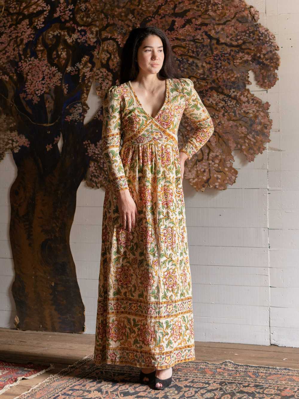 1970s Indian Block Printed Cotton Gown - Size S - image 3