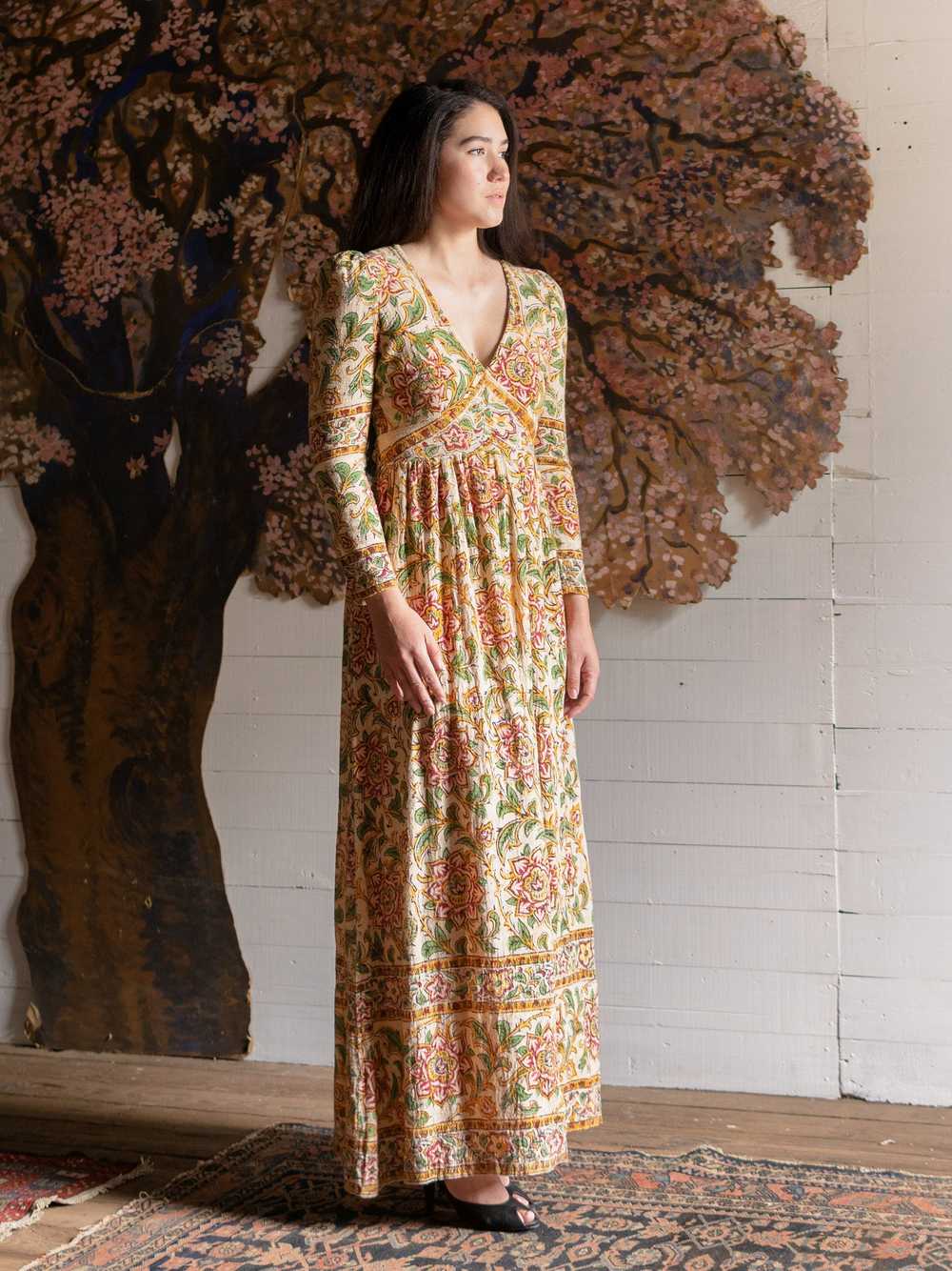 1970s Indian Block Printed Cotton Gown - Size S - image 4