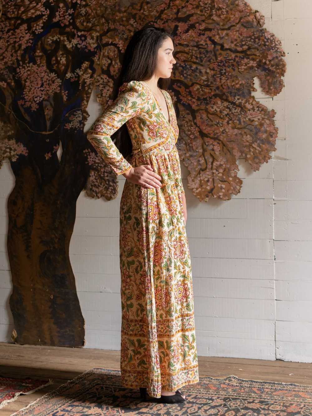 1970s Indian Block Printed Cotton Gown - Size S - image 5