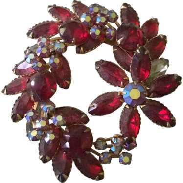 1950's Red and Gold Finish Rhinestone Brooch