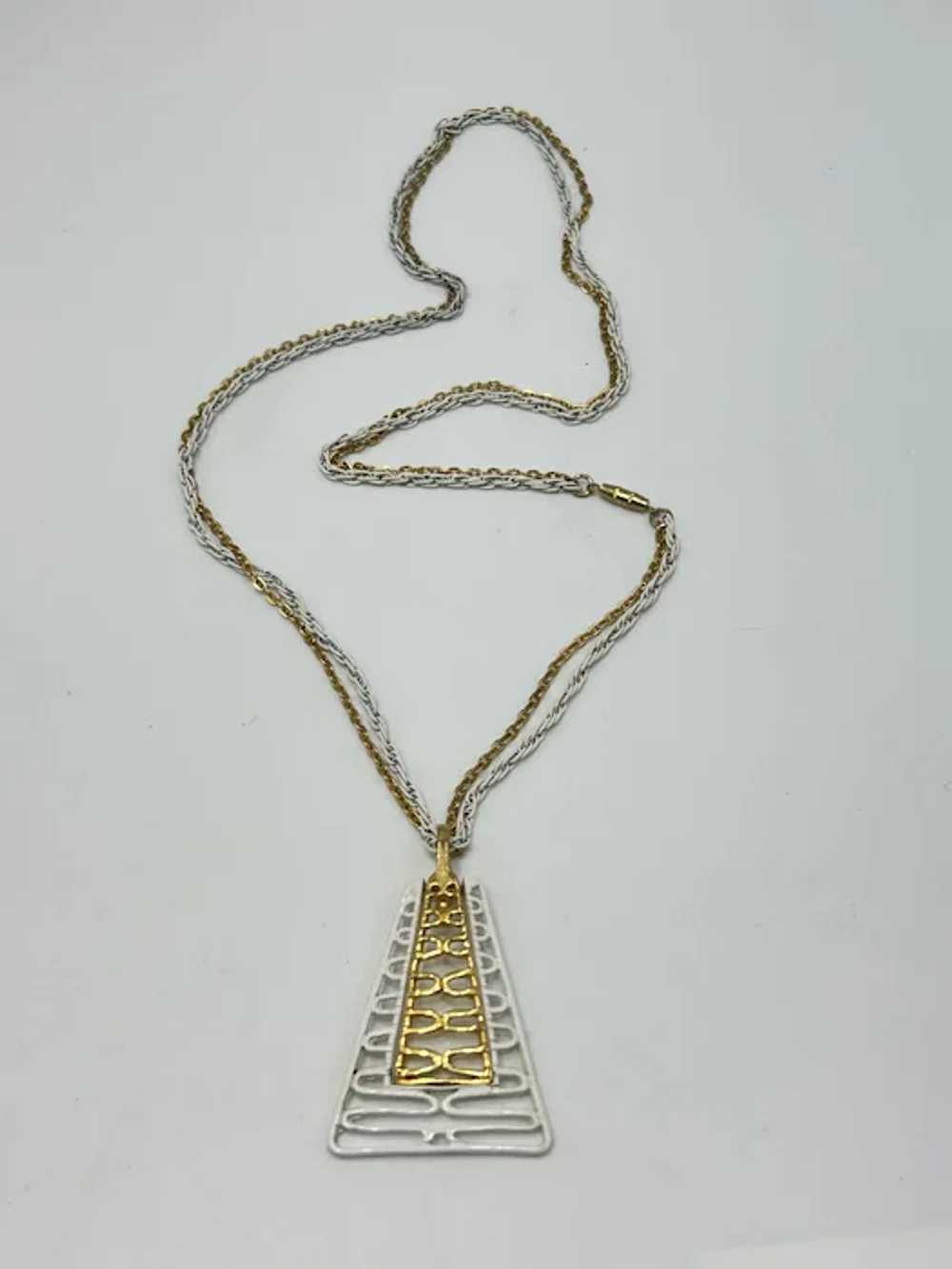 Vintage Gold Tone & White Enamel Necklace 70s Cos… - image 5