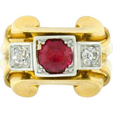 Antique 18K Gold Platinum Old Round Cut Red Stone 