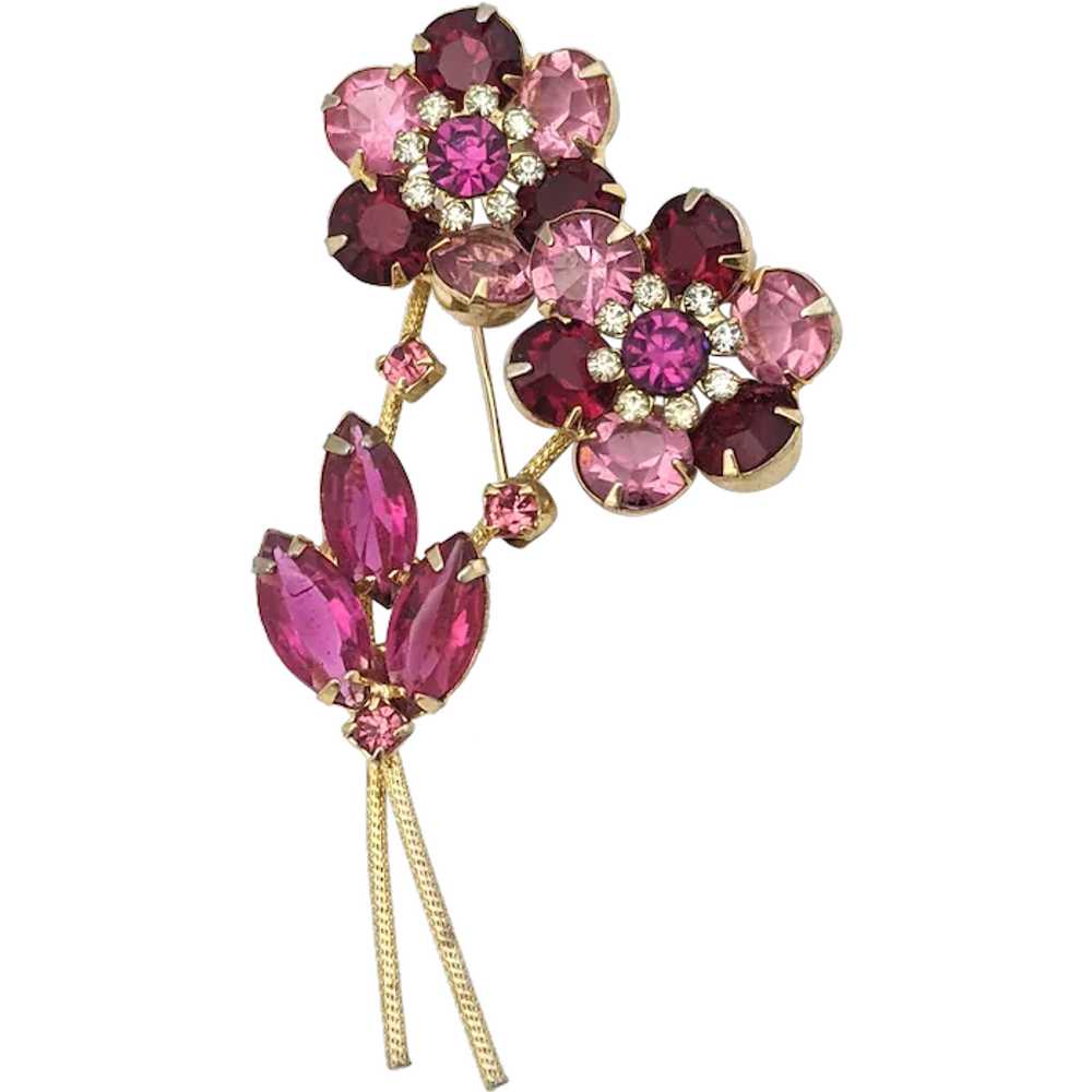 Gold Tone Pink Rhinestone Spray Floral Brooch - image 1