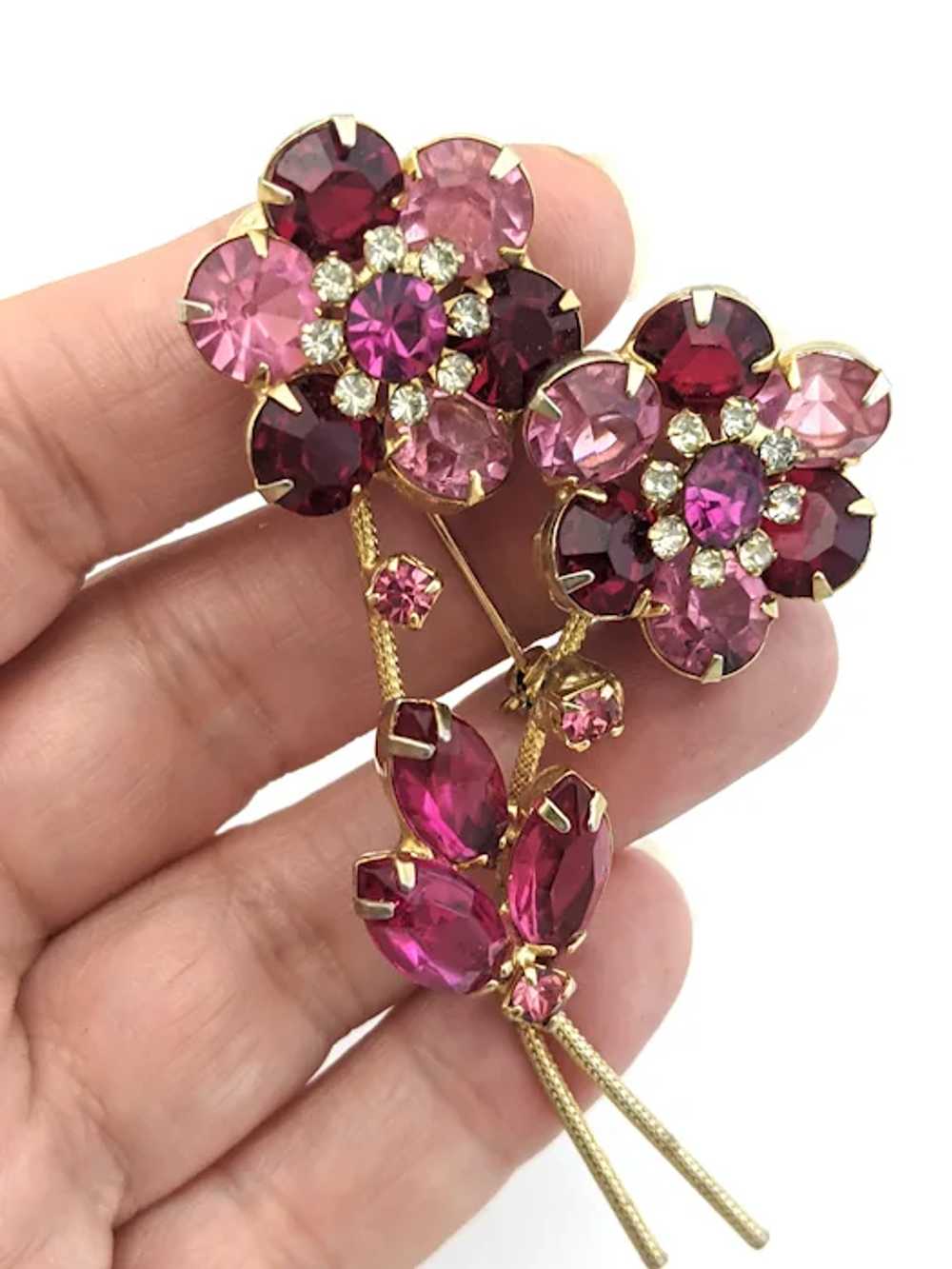 Gold Tone Pink Rhinestone Spray Floral Brooch - image 3