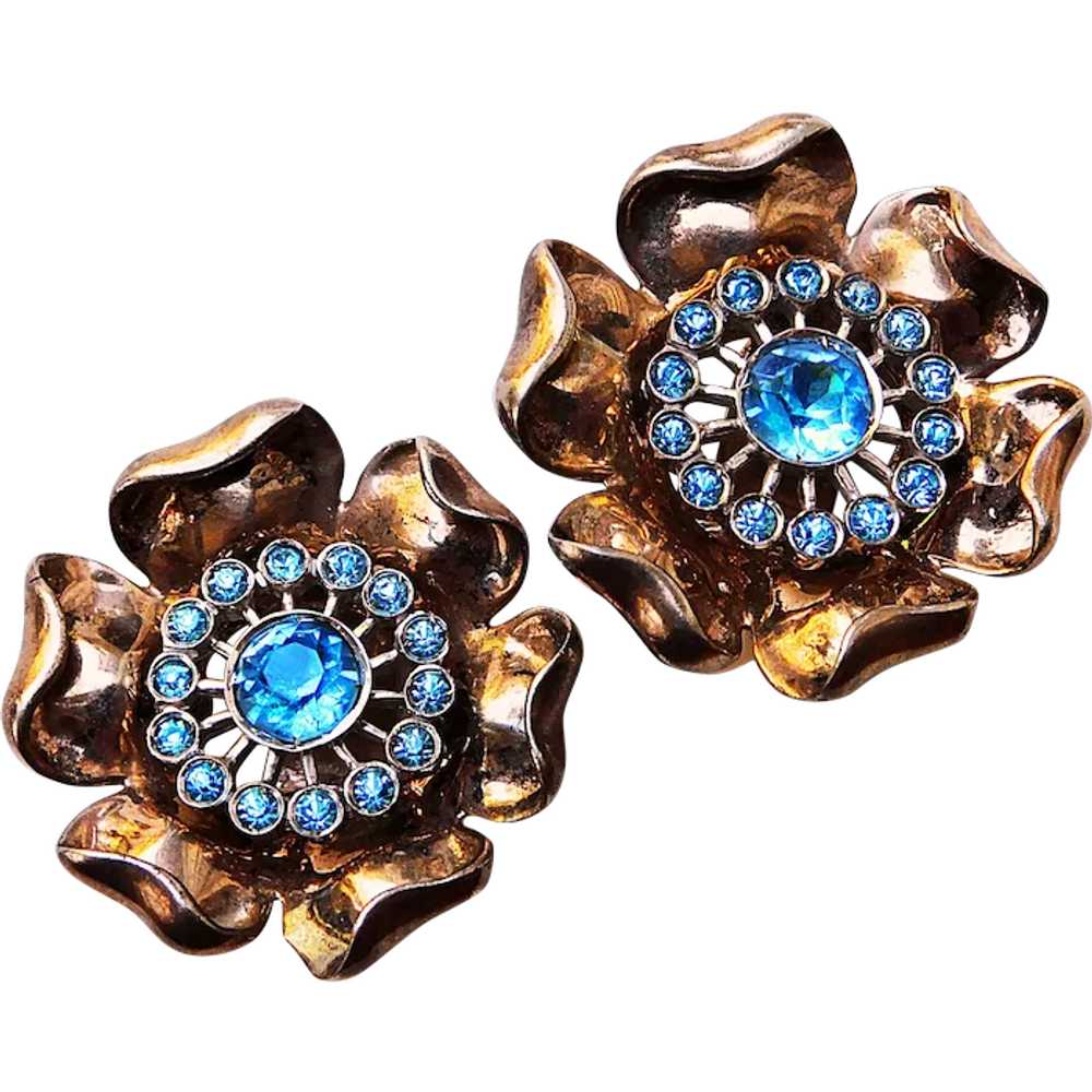 Fabulous 1940s STERLING & Aqua Stones Flower Clip… - image 1