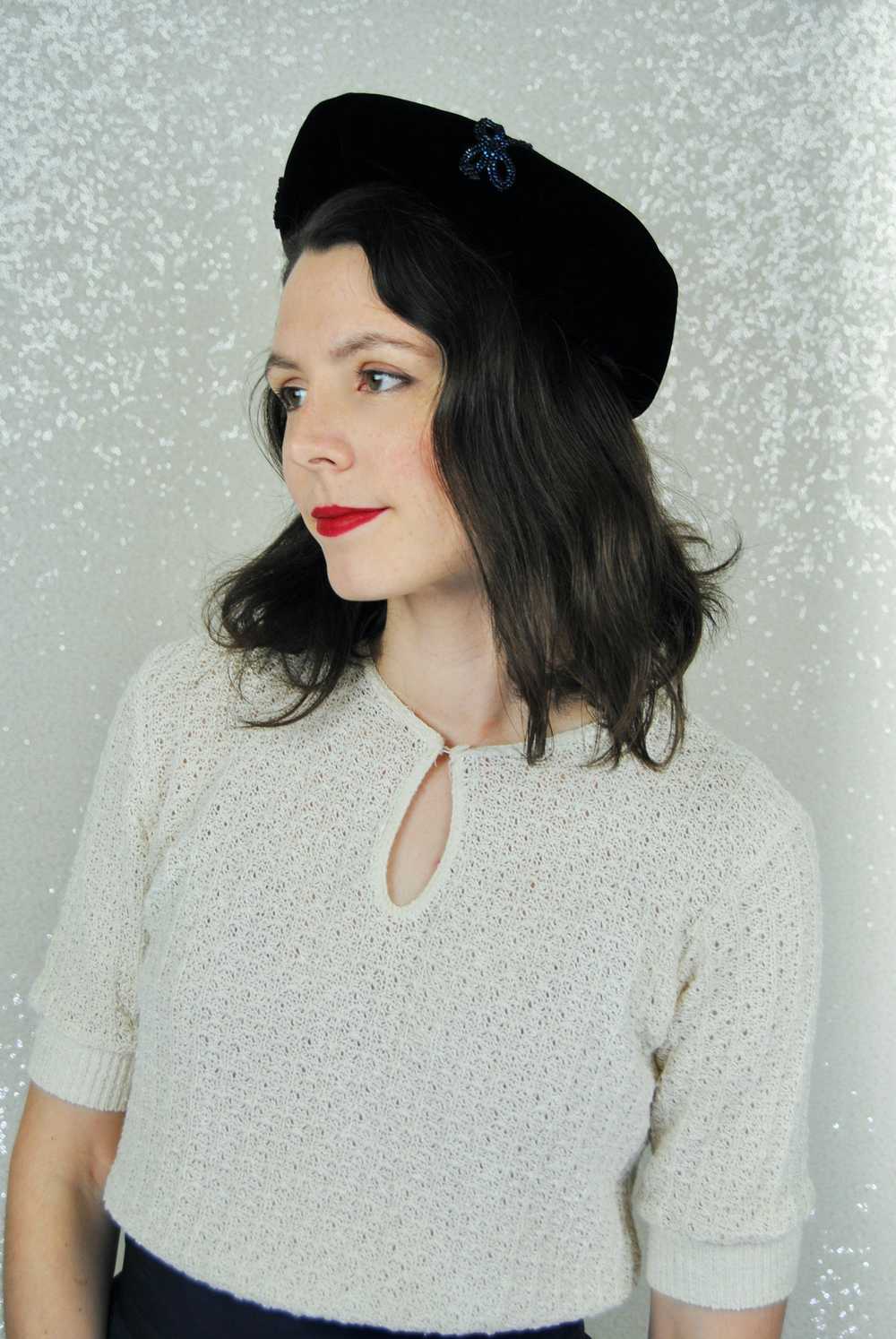 1960s Vintage Black Velveteen Beret - like Hat wi… - image 2