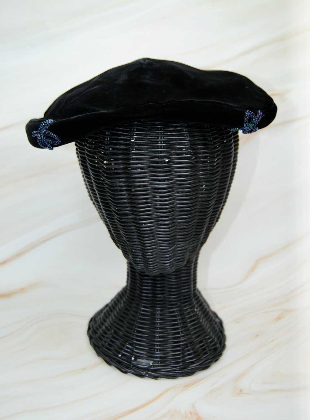 1960s Vintage Black Velveteen Beret - like Hat wi… - image 8