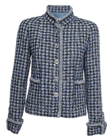 Pastel Blue Tweed & Multicolor Appliqué Collarless Jacket