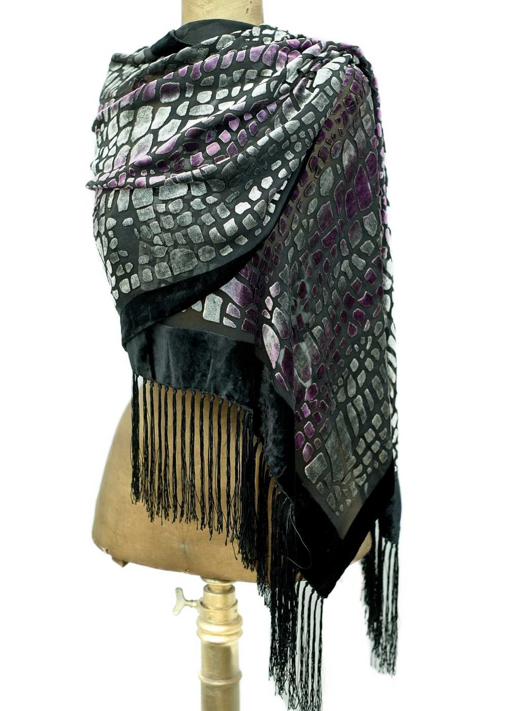 Vintage Black Purple Silk Velvet Burnout Shawl Sc… - image 4