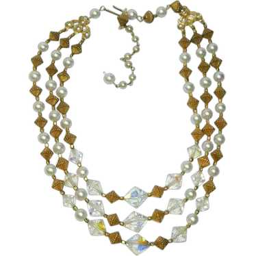 Vintage Egyptian Revival Crystals & Brass Triple … - image 1