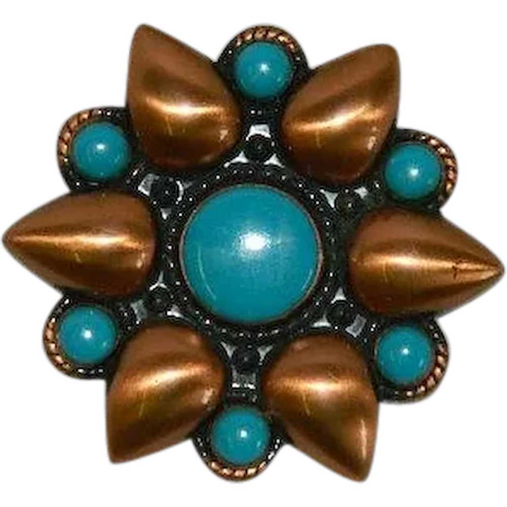 Vintage Copper and Simulated Turquoise Sunburst B… - image 1