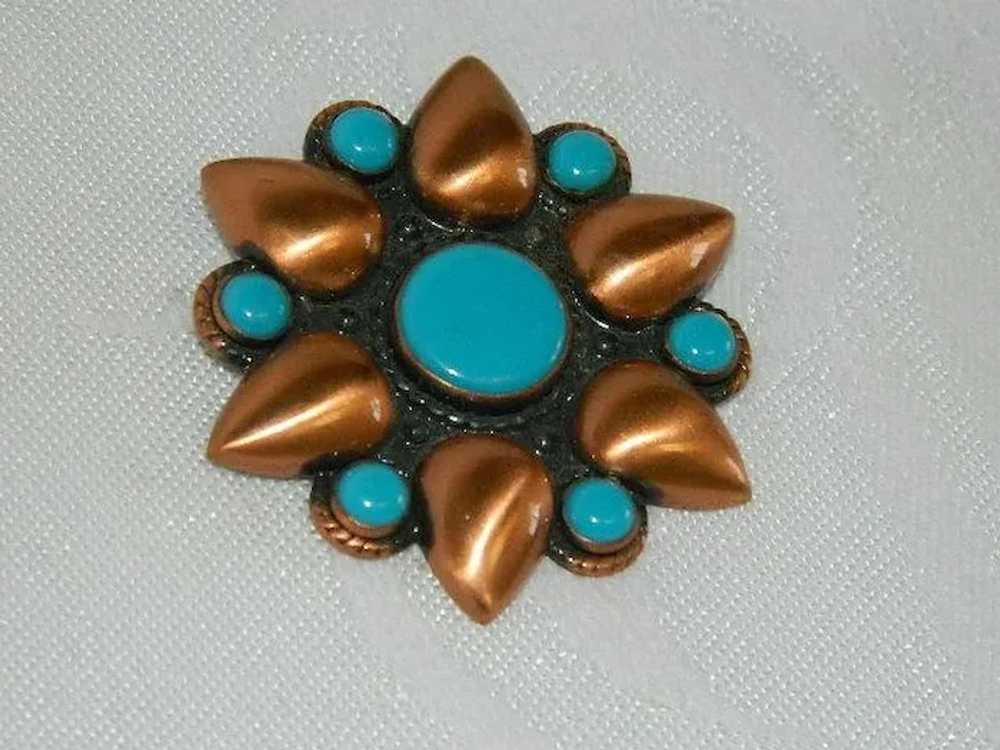 Vintage Copper and Simulated Turquoise Sunburst B… - image 2