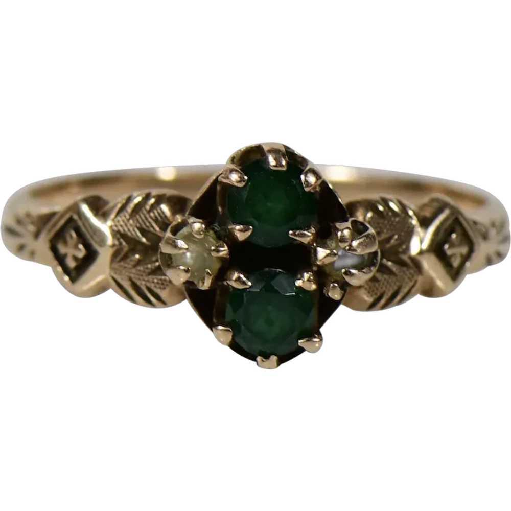 Two Stone Green Glass & Seed Pearl Victorian Ring - image 1