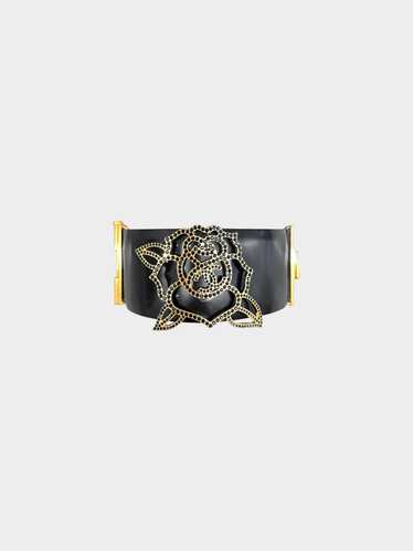 Chanel 2017 Black Rhinestone Camellia Leather Cuff