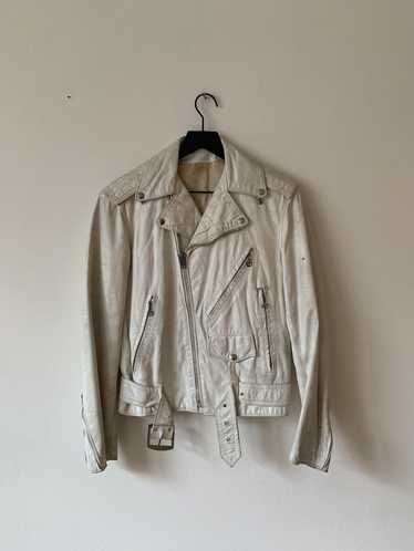 White Rocker Distressed Leather Belted Motorcycle Jacket | Alex Gear XL Chest 45-46 Inches / White