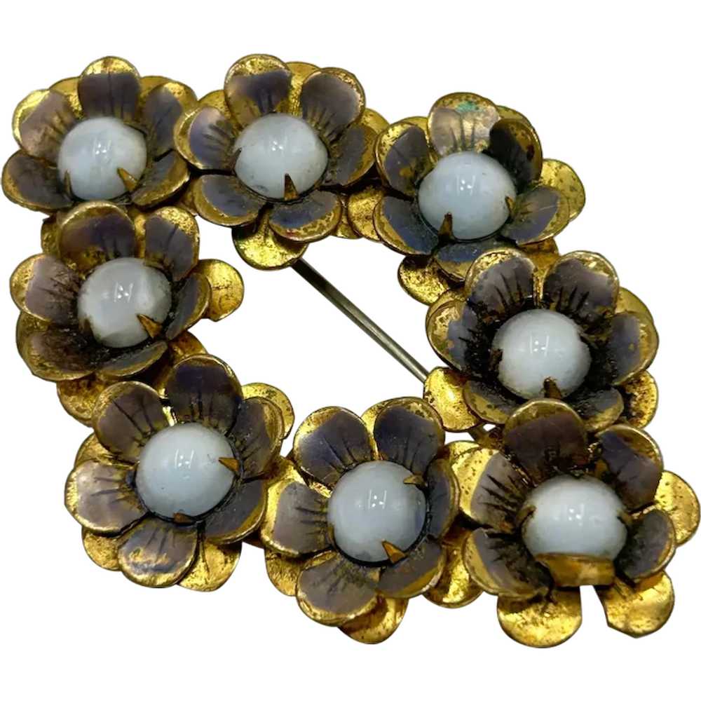 Vintage Flowers Brooch Blue Moonstone Glass Caboc… - image 1