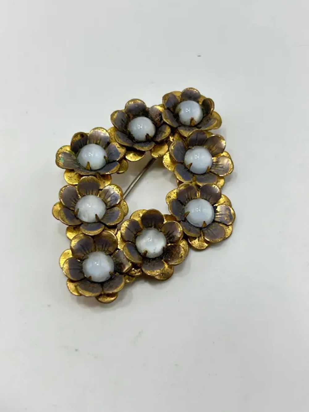 Vintage Flowers Brooch Blue Moonstone Glass Caboc… - image 2