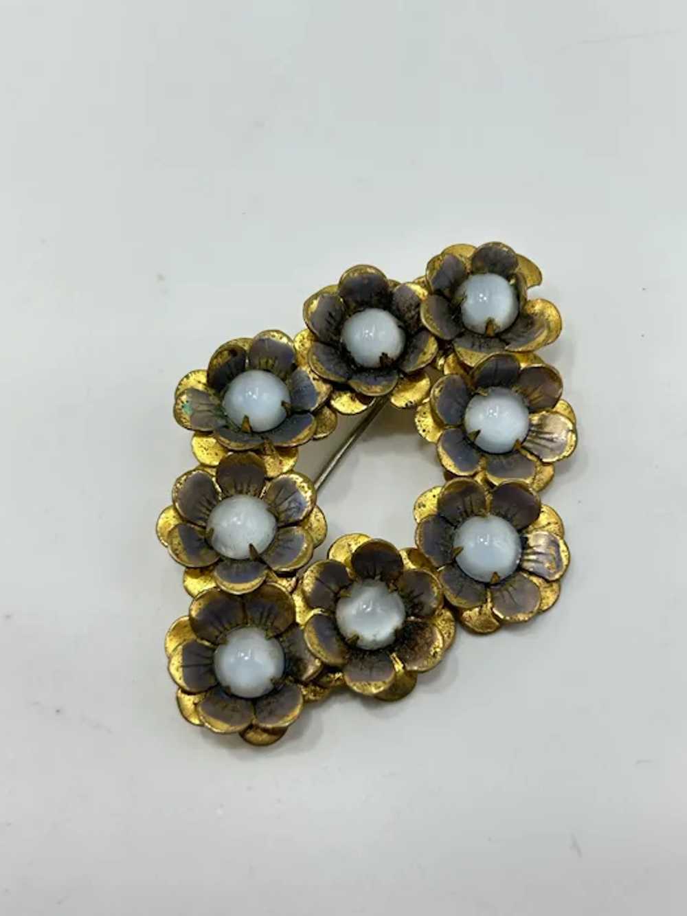 Vintage Flowers Brooch Blue Moonstone Glass Caboc… - image 3