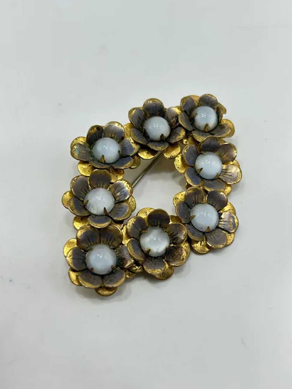 Vintage Flowers Brooch Blue Moonstone Glass Caboc… - image 4