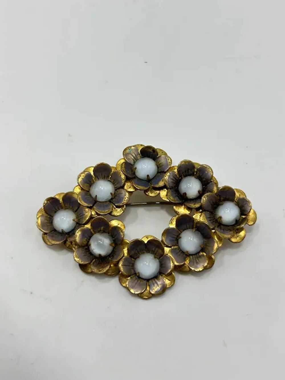 Vintage Flowers Brooch Blue Moonstone Glass Caboc… - image 6