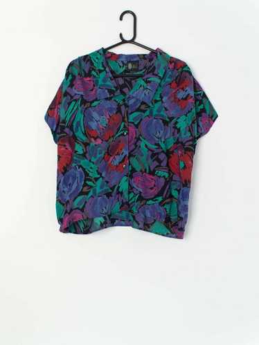 Vintage groovy floral blouse with abstract rose d… - image 1