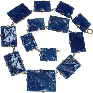 Art Deco lapis blue molded geometric Czech glass … - image 1