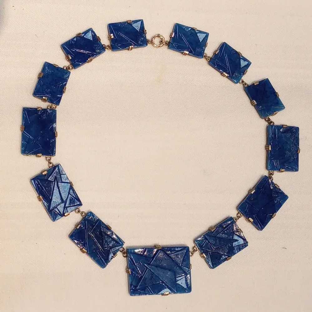 Art Deco lapis blue molded geometric Czech glass … - image 2