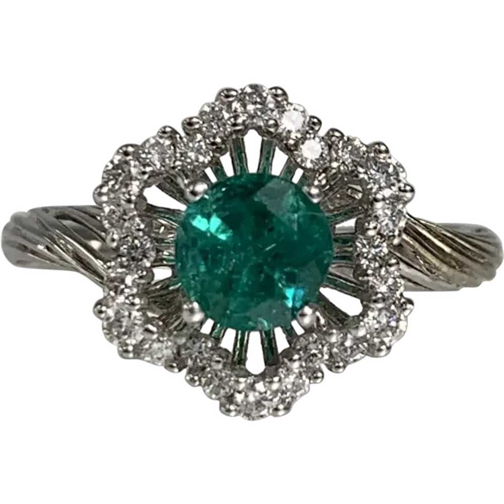 18K White Gold Round Cut Emerald Diamond Ring - image 1