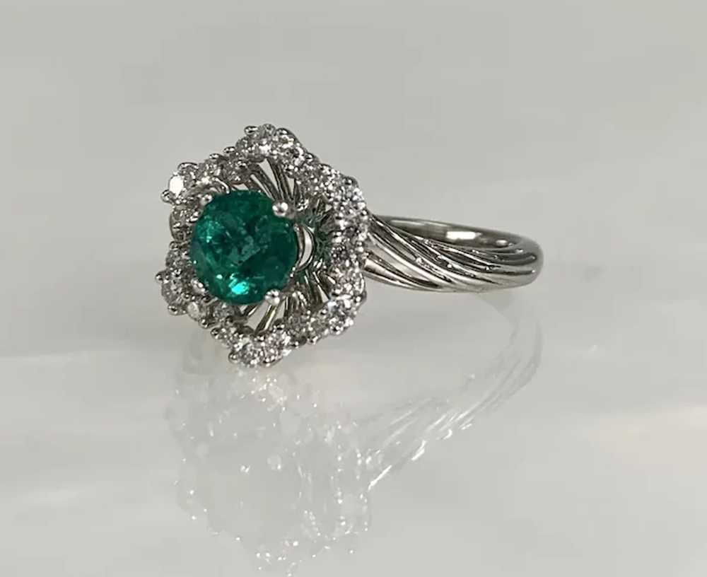 18K White Gold Round Cut Emerald Diamond Ring - image 2