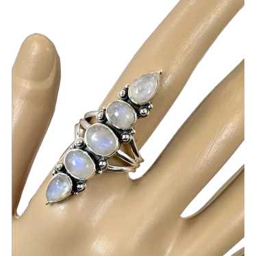 Moonstone Ring, 5 Stones, Sterling Silver, Size 8… - image 1